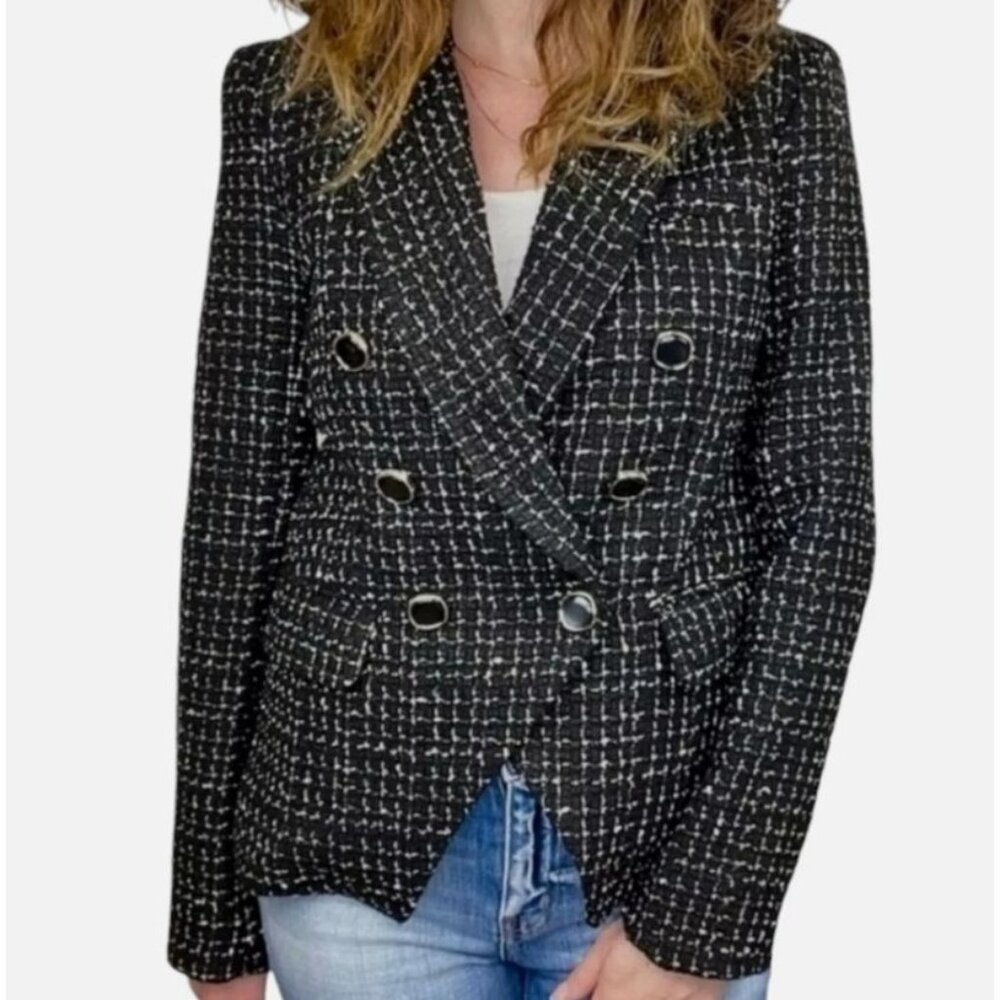 Rachel Zoe Womens Blazer Jacket S Black White Tweed Double-Breasted